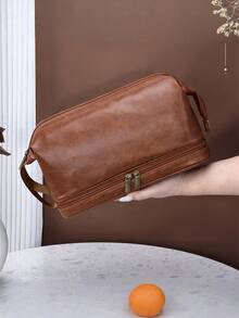 Men's Waterproof Travel Toiletry Bag, Portable Cosmetic Organizer Bag With Zipper, Vintage Stitching PU Leather Toiletry Bag, Large Capacity Travel Business Men's Toiletry Bag, Gift For Men - Multicolor - View 10