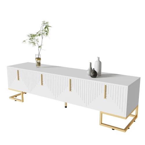 Mueble para TV, armario bajo con puerta texturizada, tiradores y patas doradas. - Blanco - Ver 1