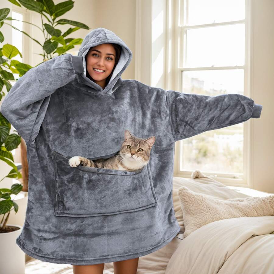1pc Flannel Blanket With Sleeves, Winter Hooded Sweatshirt Robe, Giant Wearable Blanket For Adults With Extra Large Pockets On Left, Right And Top Sides, Suitable For Small Pets - Dark Grey - View 1