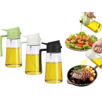 16oz/470ml Glass Olive Oil Cooking Sprayer Set - 2 In 1 Spray And Pour Kitchen Gadget Oil Dispenser (For Cooking, Air Fryer, Salad, BBQ), (Green + White + Black)