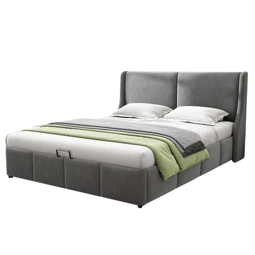 Upholstered Bed, Ear-Shaped, Cushioned Headboard, Double Bed, Hydraulic Functional Bed, 140 X 200, Grey - Grey - View 1