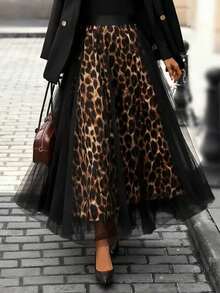 女士雪纺A字裙，豹纹网纱拼接，优雅伞裙摆，透气可机洗，适合春、夏、秋季休闲至半正式场合，衣橱必备单品，时尚廓形，精湛工艺，裙摆设计，适合办公室及度假穿着。 - 彩色 - 查看 7