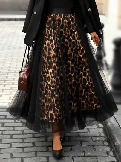 Women's Chiffon A-Line Skirt, Leopard Print Mesh, Elegant Umbrella Hem, Breathable & Machine Washable, Suitable For Casual To Semi-Formal Occasions In Spring, Summer And Autumn, A Must-Have Wardrobe Staple, Fashionable Silhouette, Exquisite Craftsmanship, Hemline Design, Suitable For Office Wear