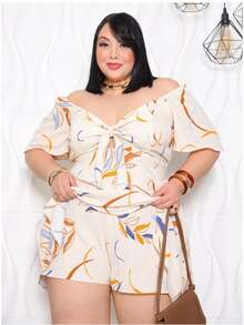 Plus Size Jumpsuit Dress With Tie Neckline And Shorts Underneath - 奶油片 - 查看 2