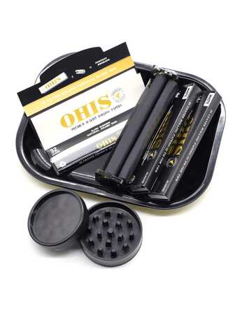 一套吸烟配件套装，包含6件吸烟工具，包括一个14*18厘米金属托盘、研磨器、卷烟器和3包卷烟纸，方便的家用工具，生日/圣诞礼物