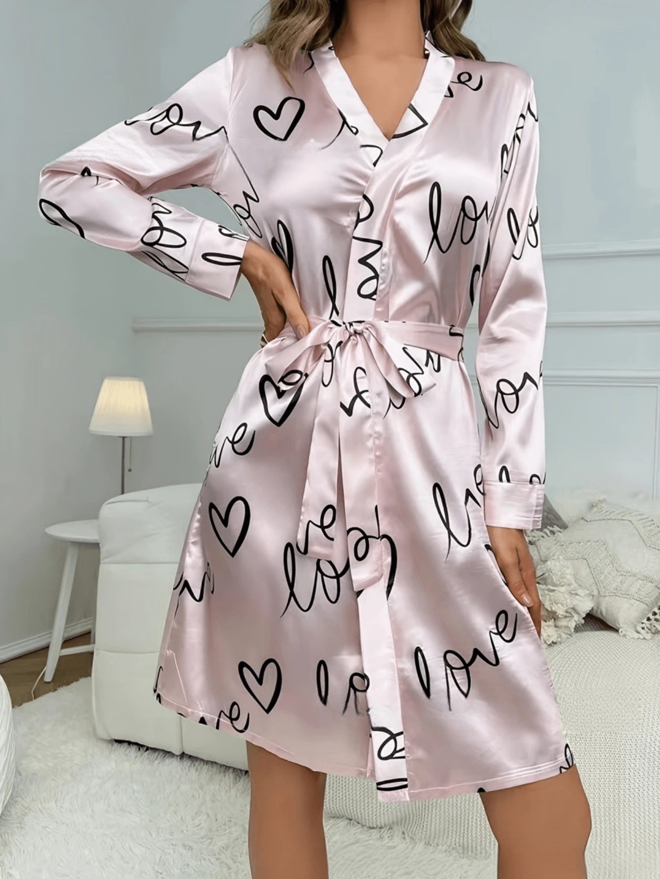 Printed Long Sleeve Robe, Lightweight Sexy Women's Tie-Waist Kimono, Minimalist Cardigan, Sleepwear, Faux Silk Bathrobe - Multicolor - View 1