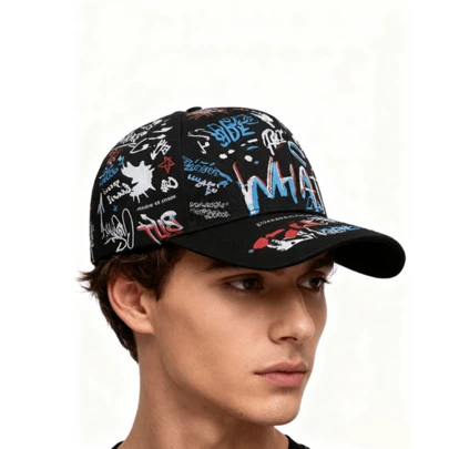 1 件男士 WHAT 涂鸦棒球帽，街头时尚字母印花帽，户外防晒休闲帽，适合春季、秋季、旅行、海滩