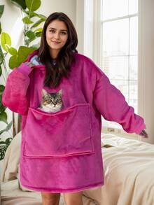 1pc Flannel Blanket With Sleeves, Winter Hooded Sweatshirt, Wearable Blanket With Giant Pockets, 3 Pocket Entries On Left, Right And Top Sides, Suitable For Adults And Small Pets - Hot Pink - View 2