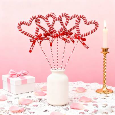 4个红白相间心形装饰签，情人节花束装饰、餐桌摆饰、DIY婚礼、生日派对装饰、浪漫礼物点缀