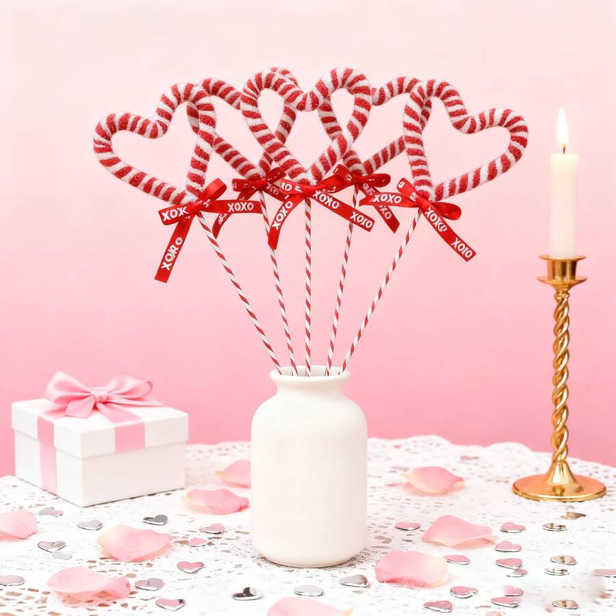 4个红白相间心形装饰签，情人节花束装饰、餐桌摆饰、DIY婚礼、生日派对装饰、浪漫礼物点缀 - 紅白色 - 查看 1
