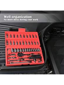 46 Piece 1/4 Inch Drive Socket Ratchet Wrench Set, With Socket Kit Metric And Extension Rod, For Car Repair And Home Use, With Storage Box Socket Wrench Set, Ratchet Wrench Set And Extension Rod Universal Slider Rod Extension Socket, Tools For Men - 黑色 - 查看 3