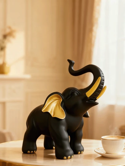 Auspicious Elephant Figurine - Elegant Black & White Options, Resin Sculpture With Gold Accents, Modern Art Decor, Suitable For Shelves, Living Room, Office And Cafe; Exquisite Home Decor; Elephant Home Decor, Completes Room Decoration.