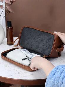Men's Waterproof Travel Toiletry Bag, Portable Cosmetic Organizer Bag With Zipper, Vintage Stitching PU Leather Toiletry Bag, Large Capacity Travel Business Men's Toiletry Bag, Gift For Men - Multicolor - View 4