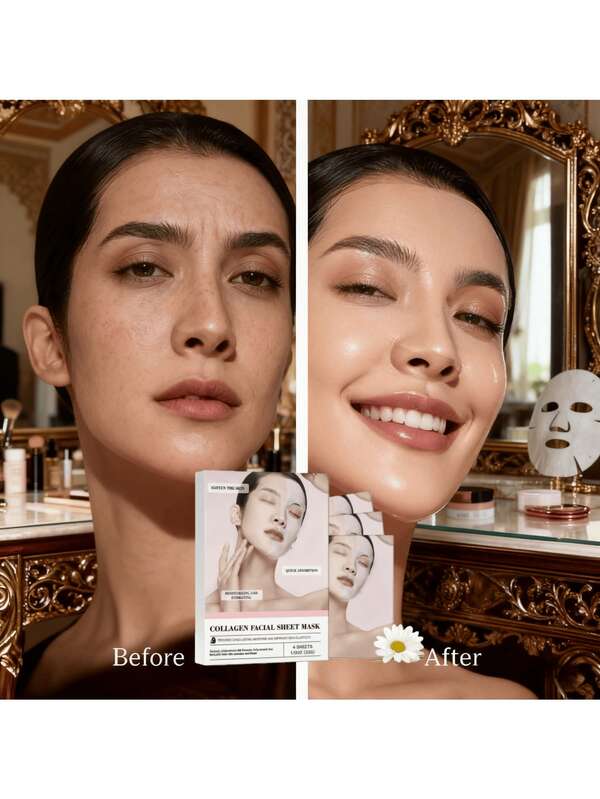 4 piezas Paquete de mascarillas faciales de colágeno, proporciona hidratación duradera y mejora la elasticidad de la piel, mejora eficazmente la firmeza de la piel y suaviza las líneas finas, hidratación intensiva para revitalizar los músculos delicados, suaviza y firma el rostro, apto para todo tipo de piel, excelente para vacaciones, festivales de verano y cuidado de la piel en días festivos con empaque listo para regalar, portátil para el gimnasio, viajes y oficina, perfecto para hombres y mujeres en todas las estaciones