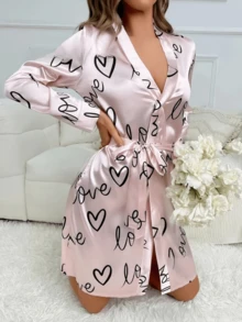 Printed Long Sleeve Robe, Lightweight Sexy Women's Tie-Waist Kimono, Minimalist Cardigan, Sleepwear, Faux Silk Bathrobe - Multicolor - View 2