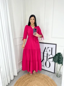 Women's Evangelical Long Dress With 3/4 Sleeves, Plain Colors, In Silk Crepe - MỊN HỒNG - Xem 7
