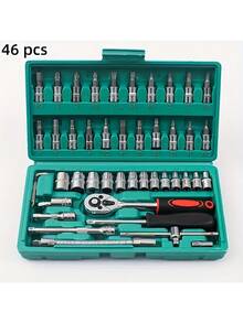 46 Piece 1/4 Inch Drive Socket Ratchet Wrench Set, With Socket Kit Metric And Extension Rod, For Car Repair And Home Use, With Storage Box Socket Wrench Set, Ratchet Wrench Set And Extension Rod Universal Slider Rod Extension Socket, Tools For Men - Green - View 1