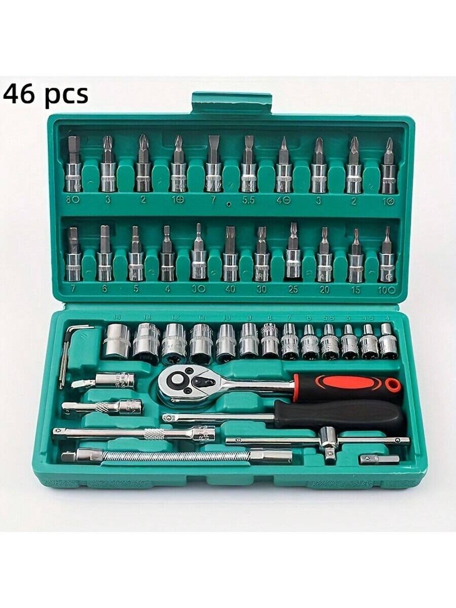 46 Piece 1/4 Inch Drive Socket Ratchet Wrench Set, With Socket Kit Metric And Extension Rod, For Car Repair And Home Use, With Storage Box Socket Wrench Set, Ratchet Wrench Set And Extension Rod Universal Slider Rod Extension Socket, Tools For Men - Green - View 1
