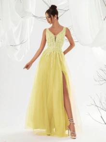 VIPGIRL Yellow Sleeveless Sheer Dress, Sequin Decor Bodycon Bustier, Deep V-Neck High Slit Dress, Elegant Ball Gown Evening Dress, Luxury Long Sheer Dress - Yellow - View 3