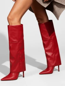Fold Over Boots For Women Sexy Knee High Stiletto Heel Boots With Pointed Toe Wide Calf Fashion Tall Boots Comfortable Dress Party Long Boots - 紅色 - 查看 1