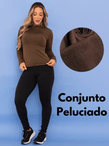 Thermal Sports Set Top Second Skin Pants Leggings Plush Fitness Women's Winter Legging Plush Flannel Tarelles - 棕色/黑色 - 查看 6