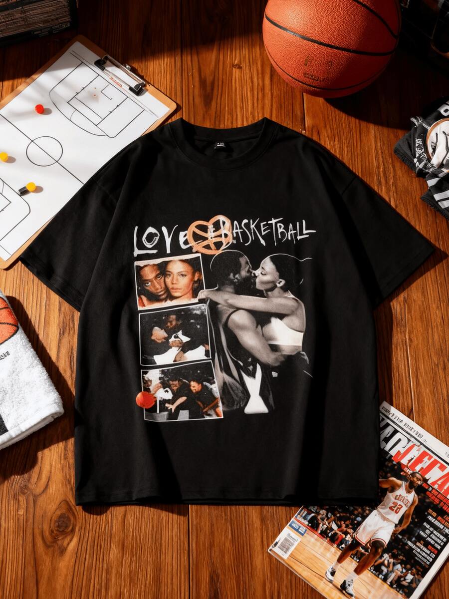Love And Basketball Collage Print,Casual Print,Comfortable And Versatile,Letter Pattern Pure Cotton 220g Printed T-Shirt,Unisex Style - màu đen - Xem 1