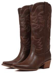 Cowgirl Boots For Women Knee High Western Boots Embroidered Pointed Toe Chunky Heel Pull On Vintage Classic Boots - 棕色 - 查看 3