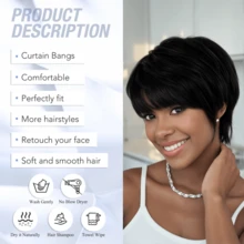 Kurze Pixie-Cut Perücken, schwarze Perücken mit Pony, hitzebeständige synthetische Fasern, Perücke mit Seitenteil, geschichtet, gerade, Pixie-Haarschnitt-Perücken für Frauen für den täglichen Gebrauch, Partys oder Cosplay - Schwarz - Übersicht 4