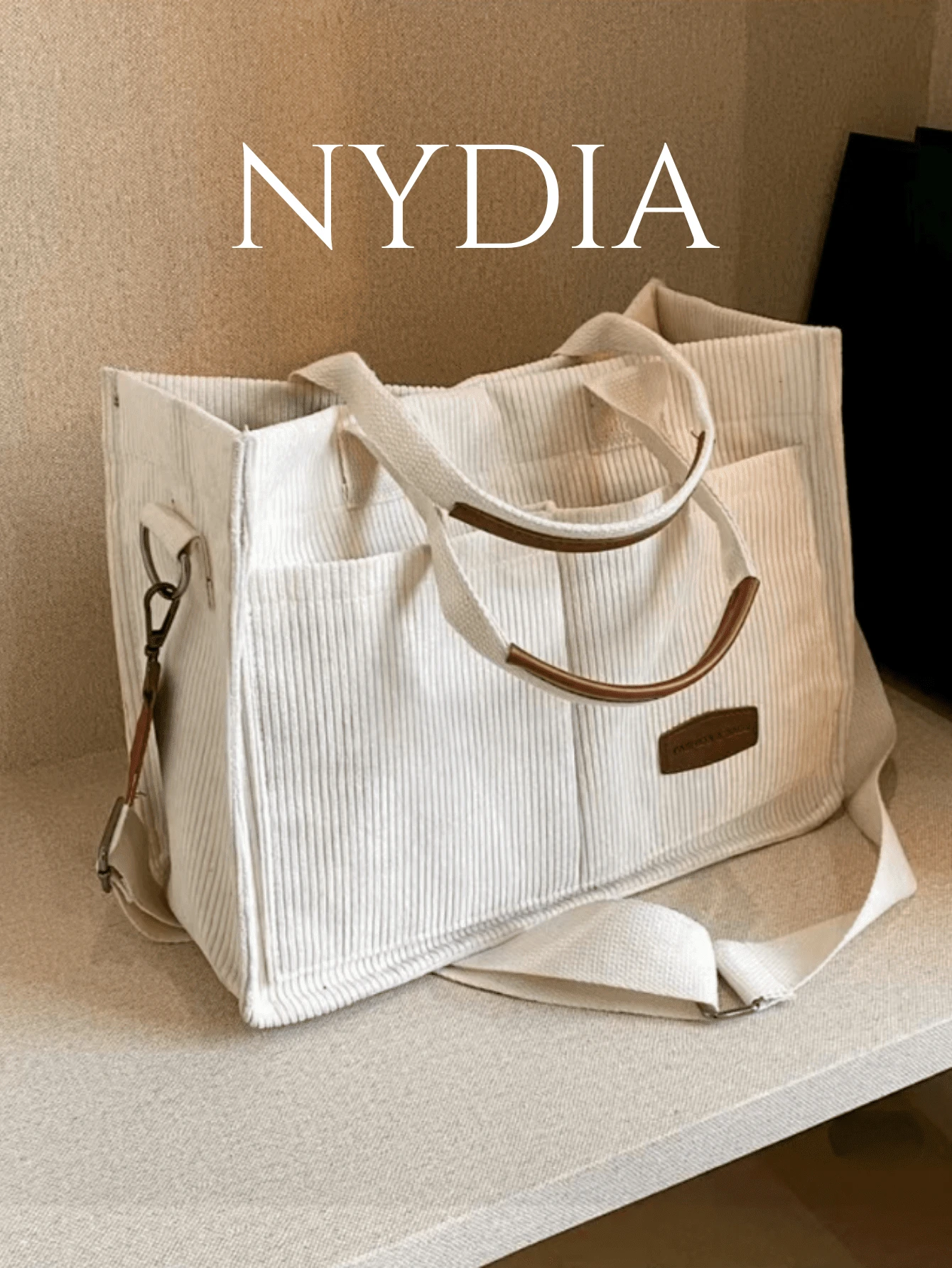 Striped Corduroy Foldable Tote Bag, Large Capacity - White - View 1