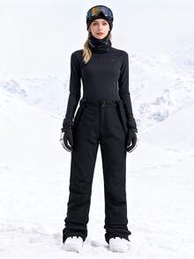 一套女士保暖滑雪裤，男士冬季滑雪裤，带可拆卸背带，适合户外活动、滑雪装备、防寒服、运动风格裤装，加固结构，功能性滑雪背带裤，雪地装备，加厚透气滑雪服（前部和口袋有3种不同的拉链类型，随机发货） - 黑色 - 查看 5