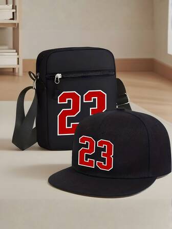 1pc/2pcs Classic 23 Numeric Red Print Unisex Flat Brim Snapback Cap And Crossbody Bag, Street Fashion Outdoor Sports Baseball Cap And Shoulder Bag, Adjustable, Gift For Yourself Or Friends