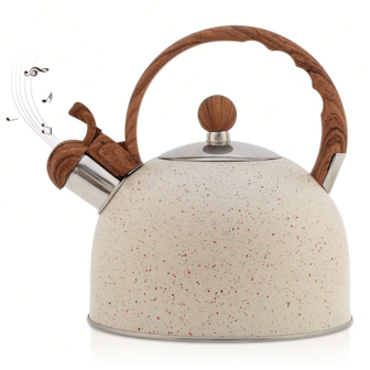 2.5升不锈钢鸣笛水壶 - 乳白色，木纹手柄，非常适合冲泡咖啡和茶，适用于电磁炉和燃气灶