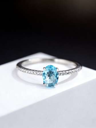 S925纯银戒指，镶嵌合成锆石和海蓝色宝石，适合优雅女士日常佩戴、派对和聚会。