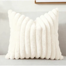 人造毛皮舒适柔软条纹装饰抱枕套，天鹅绒枕套靠垫套，适用于沙发 - 白色 - 查看 12