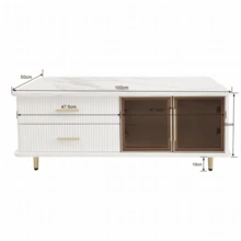 Coffee Table, TV Stand, Modular Living Room Furniture, Tempered Glass Door, Aluminum Alloy Frame, Wavy Structure Drawers, Gold Handles And Feet, Marble Top. - White - View 2