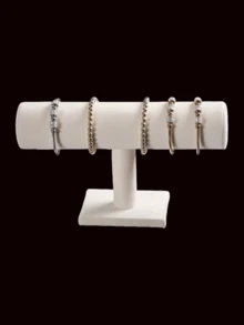 1个优雅T型白色手镯展示架 - 桌面首饰架，适用于零售展示柜，无需电源，坚固的塑料底座，非常适合展示项链、手镯和手表，手表架 | 仿亚麻手表架 | 柔软天鹅绒饰面，适合女性，多功能桌面收纳架，非电动 - 也适用于其他材质的椭圆形首饰塔，可进行各种安装方式 - 白色 - 查看 3