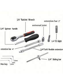 46 Piece 1/4 Inch Drive Socket Ratchet Wrench Set, With Socket Kit Metric And Extension Rod, For Car Repair And Home Use, With Storage Box Socket Wrench Set, Ratchet Wrench Set And Extension Rod Universal Slider Rod Extension Socket, Tools For Men - Green - View 7