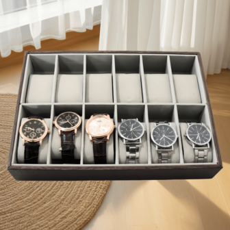 12-Slot Black Walnut Grain PU Leather Watch Display Stand, Watch Live Streaming Display Rack, Watch Counter Display Props