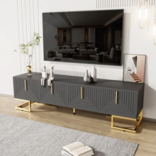 TV Stand, Low Cabinet With Textured Door, Gold Handles And Legs. - Grey - View 5