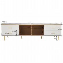 Marble-Look TV Stand, TV Stand With 4 Legs, 4 Textured Drawers With Gold Handles And Two Brown Tempered Glass Doors, Modern Low TV Stand For Living Room, 170*37*47.5cm. - White - View 6