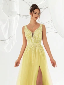 VIPGIRL Yellow Sleeveless Sheer Dress, Sequin Decor Bodycon Bustier, Deep V-Neck High Slit Dress, Elegant Ball Gown Evening Dress, Luxury Long Sheer Dress - Yellow - View 5