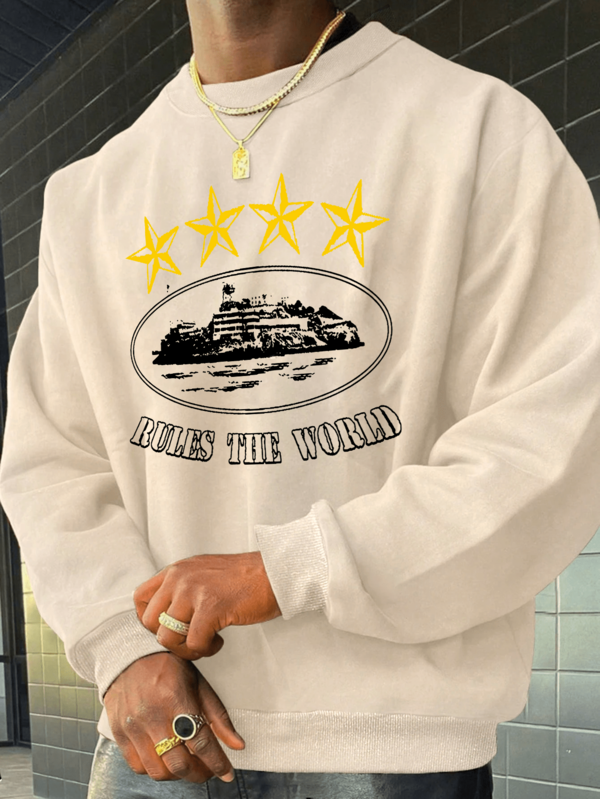 1pc Men's Loose Fit Black Sweatshirt With "RULES THE WORLD" English Slogan, Pullover Suitable For Autumn/Winter