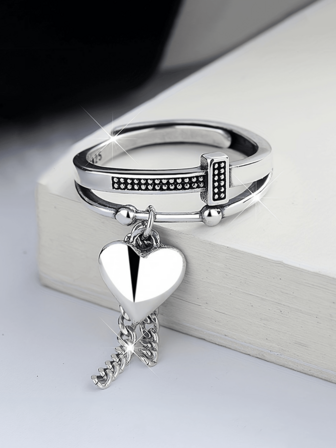 S925 Silver Heart Letter Tassel Chain Ring, Vintage Personalized Fashion Women's Ring, Valentine's Day Gift, Niche Luxury, 925 Silver Jewelry Birthday Gift For Her