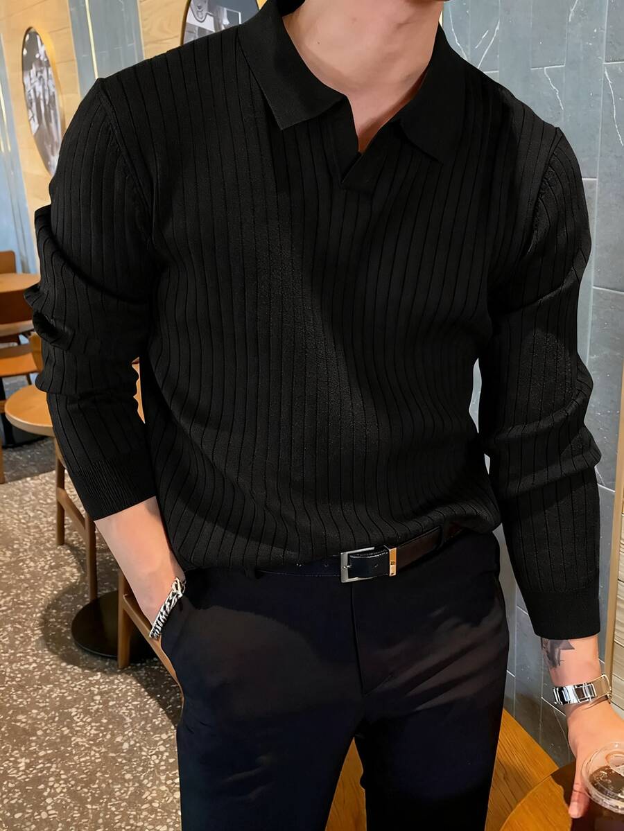 Men's Long Sleeve Ribbed Knit Polo Shirt, Simple & Fashionable, Suitable For Commuting, Spring & Autumn