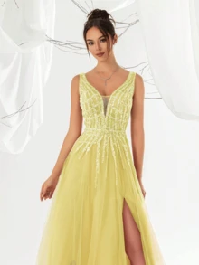 VIPGIRL Yellow Sleeveless Sheer Dress, Sequin Decor Bodycon Bustier, Deep V-Neck High Slit Dress, Elegant Ball Gown Evening Dress, Luxury Long Sheer Dress - Yellow - View 4