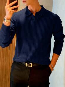 Men's Loose Fit Thin Long Sleeve Ribbed Knit Polo Shirt, Minimalist & Fashionable, Suitable For Daily Commute, Spring/Autumn