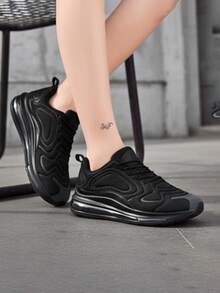 Los hombres de la moda negro de punta redonda de encaje hasta zapatillas de deporte de la PU, cómodo antideslizante amortiguación de aire zapatillas de tenis, zapatillas de deporte casual de los hombres para el deporte, el trabajo y todos los días - Negro - Ver 1