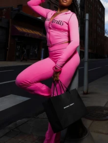 秋季连帽衫长袖印花套装女式拉链旅行外出配套女式套装舒适慢跑裤运动秋季女装春季 - 玫紅色 - 查看 6