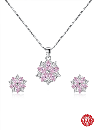 丽红925纯银樱花海豚锆石优雅首饰套装 女士耳环项链 高品质首饰