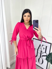 Women's Evangelical Long Dress With 3/4 Sleeves, Plain Colors, In Silk Crepe - MỊN HỒNG - Xem 2